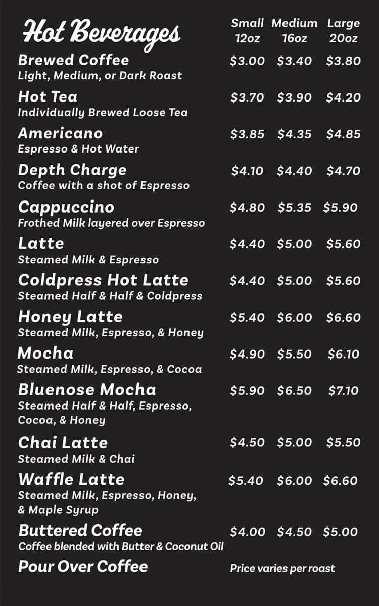 BlueNose Coffee store menu — page 1